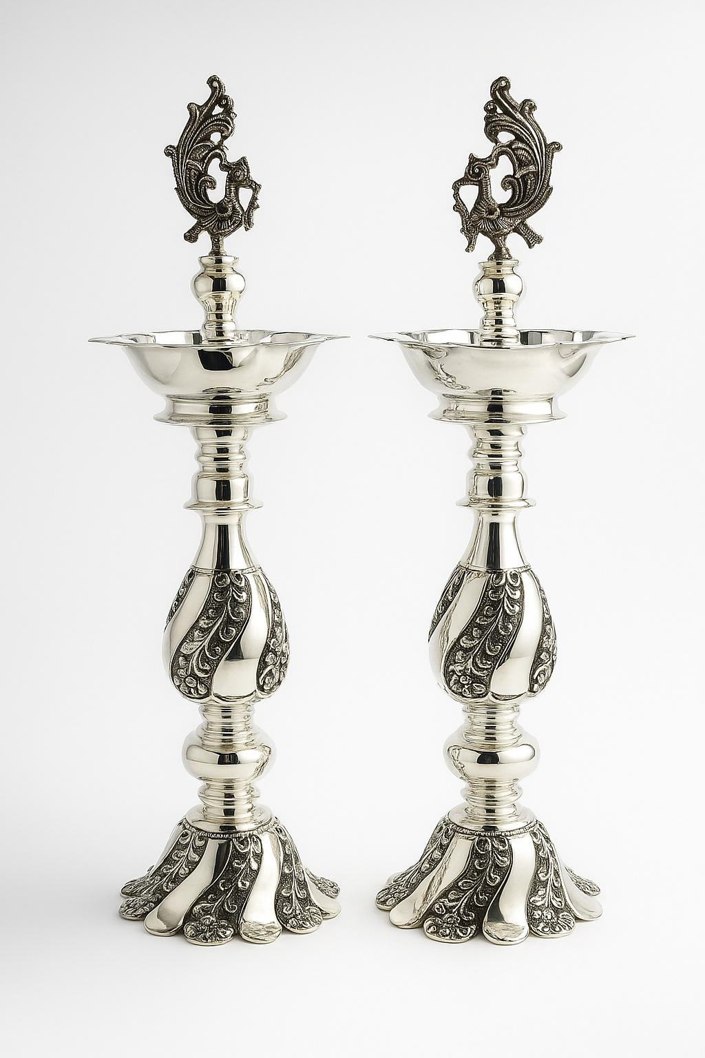 Nandigosh Silver Art Traditional Deepak Stand – Pure Silver Finish, Handcrafted Pair