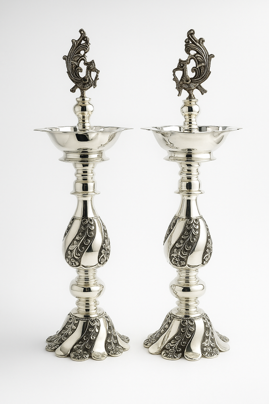Nandigosh Silver Art Traditional Deepak Stand – Pure Silver Finish, Handcrafted Pair